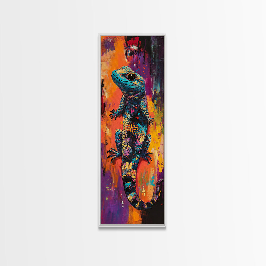 Colorful Lizard, whimsical art, chicano art, boho art, blotter art, psychedelic painting, extra wide art, Framed Canvas Print