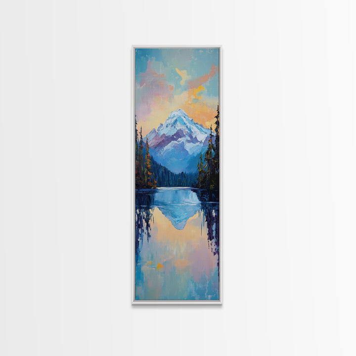 Sunset Mountain, lake Tahoe art, pine tree art, mountain painting, rustic wall art, above couch art, Framed Canvas Print