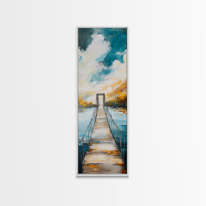 Bridge Over Water, rustic decor, wabi sabi art, boho art, tall skinny art, extra wide art, Framed Canvas Print, farmhouse art