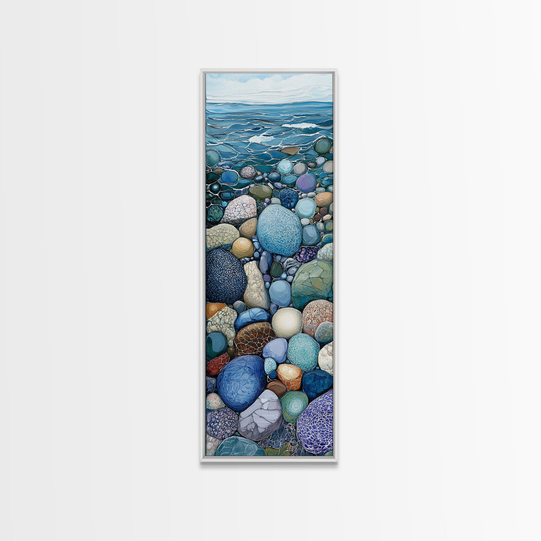 Pebble Beach, mosaic wall art, coastal decor, nautical painting, blue and green wall art, extra wide art, Canvas Print, above sofa art
