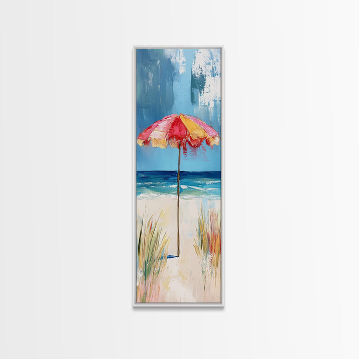 Beach Umbrella, Ocean Breeze, Coastal Decor, Surf Wall Art, Nautical Painting, Coastal Wall Art, Framed Canvas Print, Tall Skinny Art