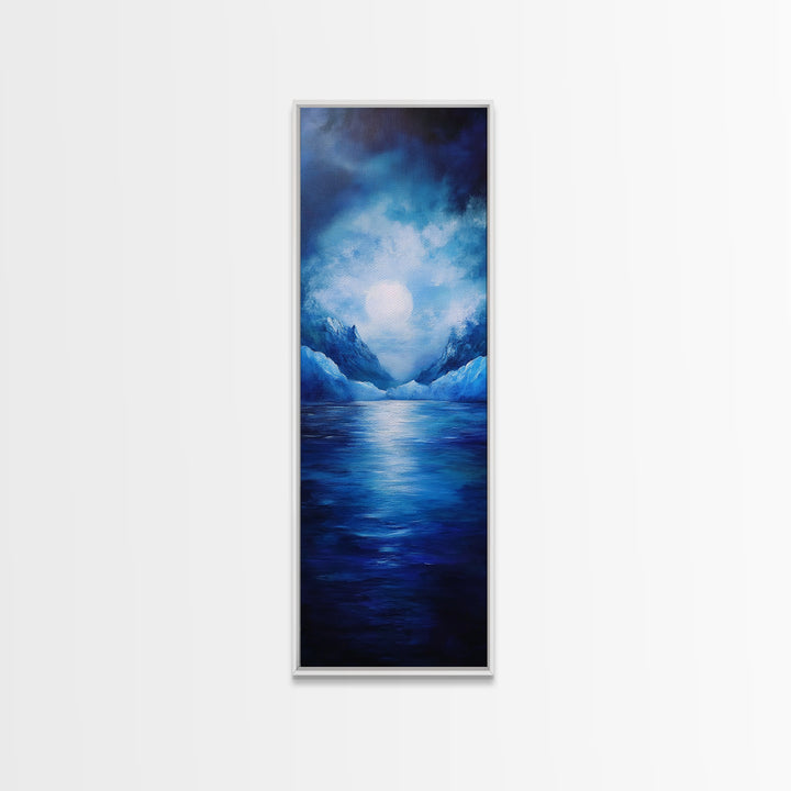 Moonlit Lake, Mountain Painting, Moody Art, Coastal Landscape, Nautical Wall Art, Christmas, Framed Canvas Print