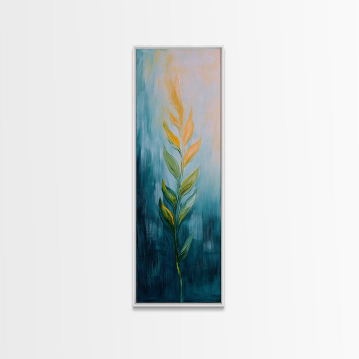 Botanical, teal and gold, minimalist art, wabi sabi art, vertical wall art, framed canvas print, modern decor, bedroom art