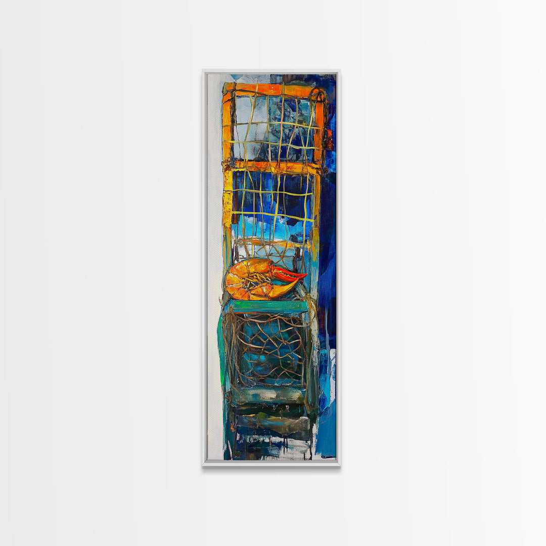 Crayfish painting, nautical wall art, rustic art, kitchen decor, fisherman painting, blue and orange, framed canvas print, gift idea