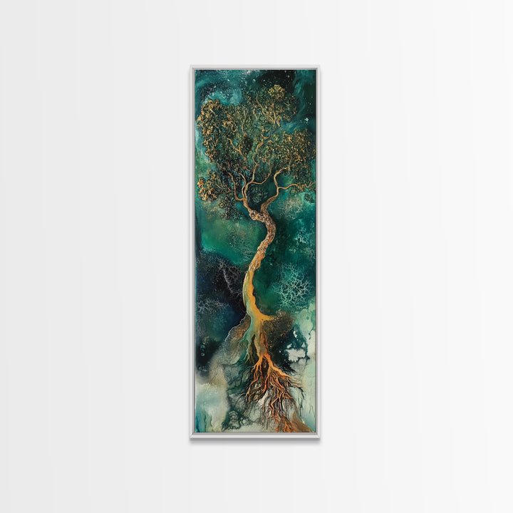 Oak tree art, mystical tree, moody art, green wall art, zen wall art, framed canvas print, nature-inspired, wabi sabi art, gift idea