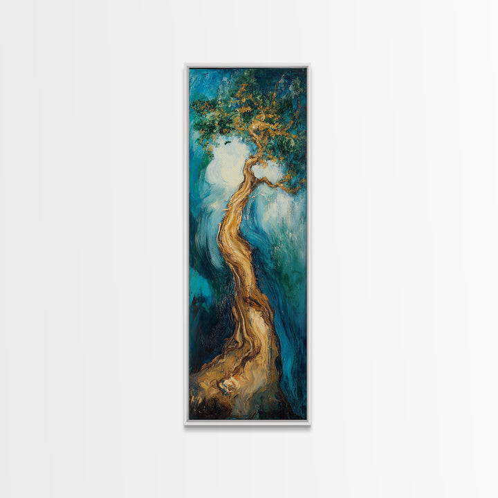 Twisting Tree, oak tree art, nature painting, forest at dusk painting, textured wall art, Framed Canvas Print, vertical wall art