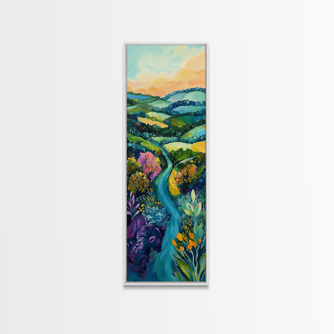 Rolling Hills, Ireland painting, wildflower painting, green wall art, farmhouse decor, Framed Canvas Print, landscape painting