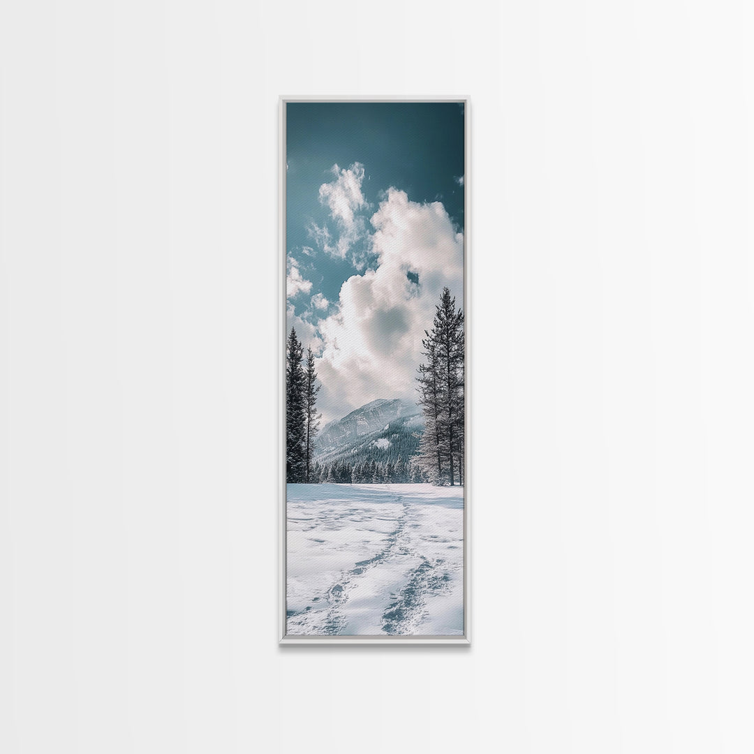 Winter Path, pine tree art, mountain painting, snowy landscape, rustic decor, minimalist art, Framed Canvas Print, vertical wall art