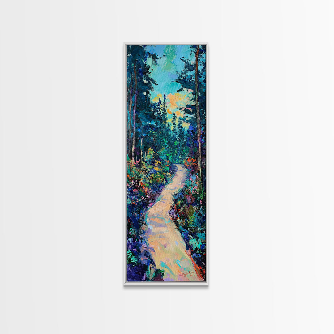 Abstract Forest Path, moody art, landscape painting, wildflower painting, pine tree art, framed canvas print, vertical wall art