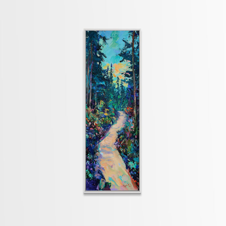 Abstract Forest Path, moody art, landscape painting, wildflower painting, pine tree art, framed canvas print, vertical wall art