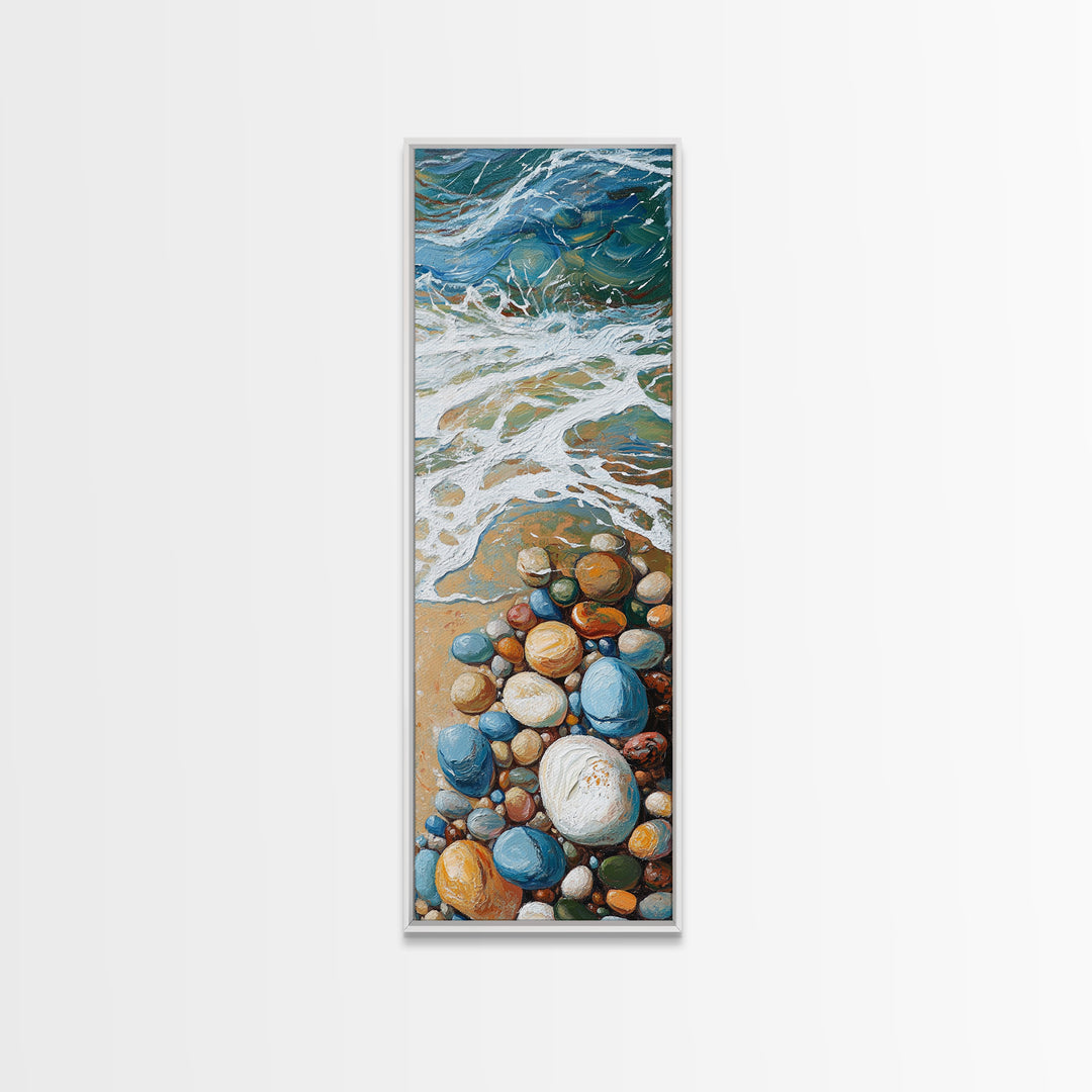 Pebble Beach Art, coastal painting, framed canvas print, beach house decor, nautical wall art, blue and green wall art