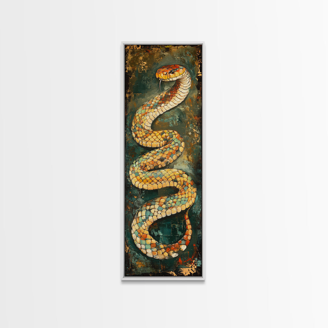 Coiled Snake, Wildlife Painting, Moody Art, Rustic Decor, Extra Wide Art, Above Sofa Art, Living Room Art, Framed Canvas Print