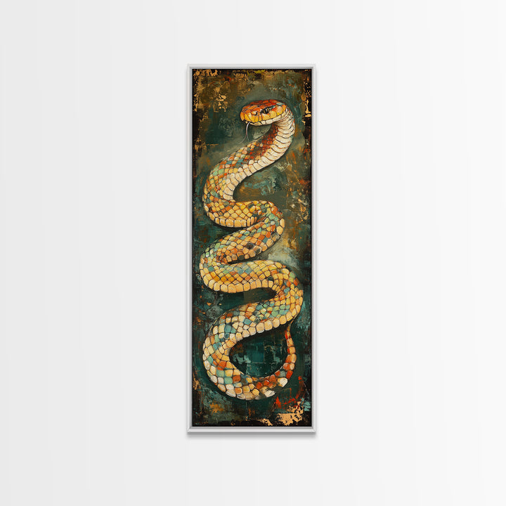 Coiled Snake, Wildlife Painting, Moody Art, Rustic Decor, Extra Wide Art, Above Sofa Art, Living Room Art, Framed Canvas Print