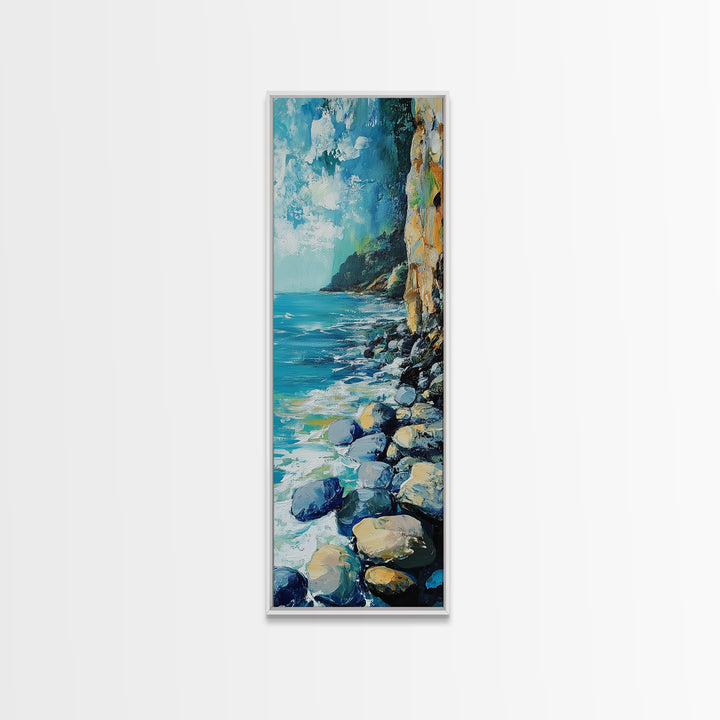 Rocky Shoreline, coastal landscape art, nautical decor, framed canvas print, lake Tahoe art, extra wide art, ocean painting