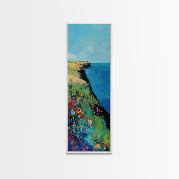 Coastal cliffs, Ireland painting, wildflower painting, landscape painting, framed canvas print, extra wide art