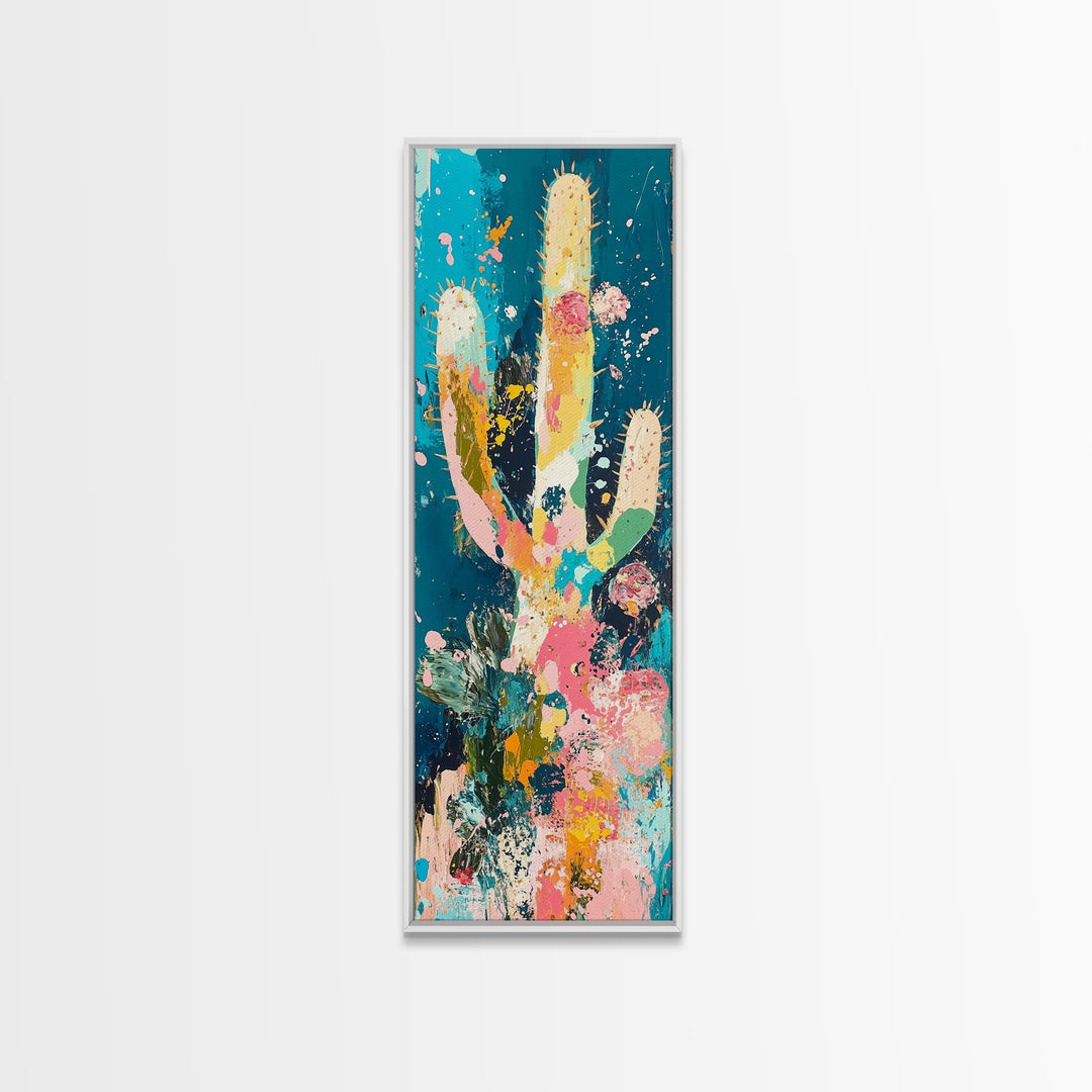 Colorful cactus, southwest wall art, agave painting, botanical prints, framed canvas print, tall narrow art, vertical wall art