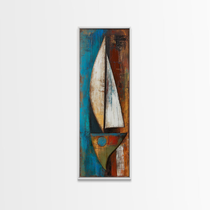 Abstract sailboat, nautical painting, long narrow wall art, framed canvas print, rustic art, extra wide art, blue and green wall art