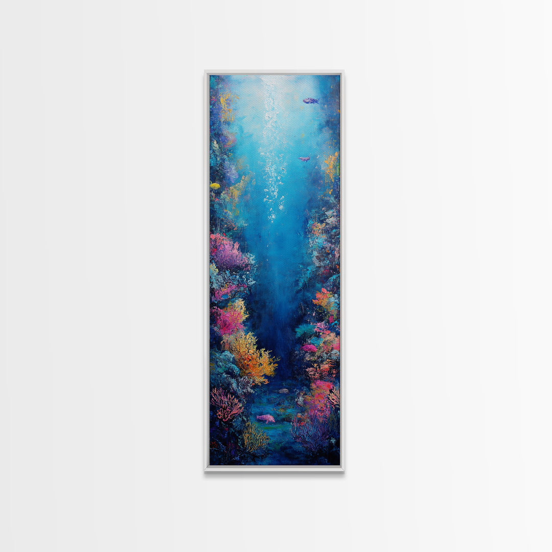 Deep Sea Coral, dolphin painting, ocean wall art, marine life art, framed canvas print, nautical decor, blue and green wall art