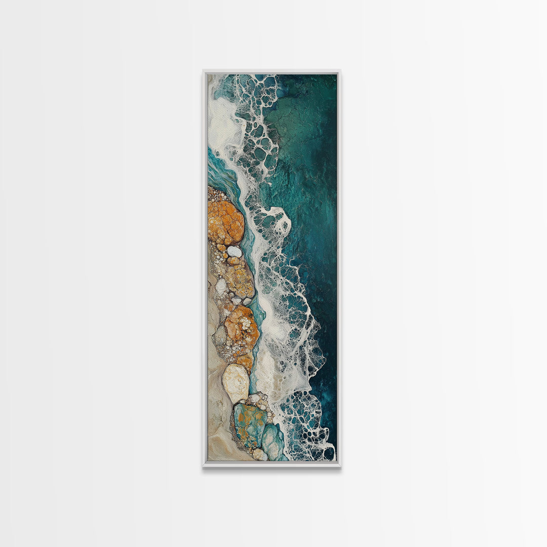 Rocky Shore, coastal painting, ocean wall art, seascape painting, extra wide art, boho art, wabi sabi art, Canvas Print
