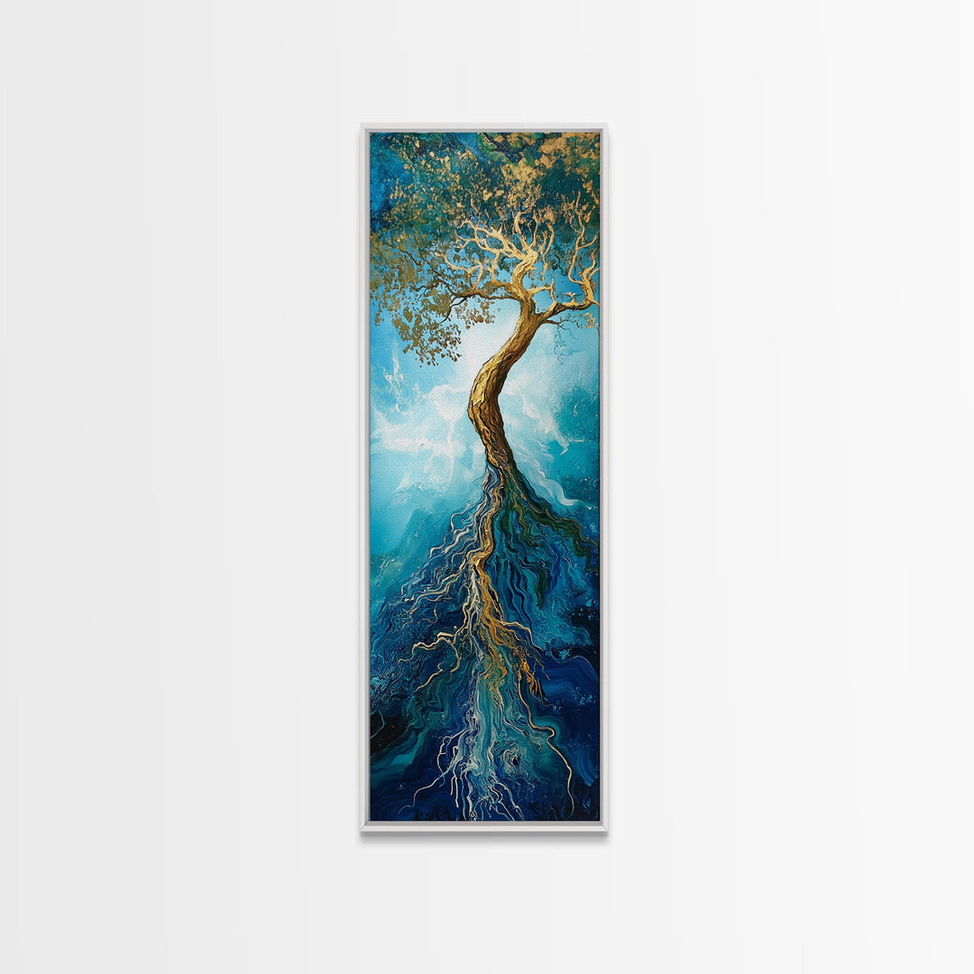 Rooted Tree, oak tree art, blue and green wall art, sacred geometry wall art, mystical art, framed canvas print, vertical wall art