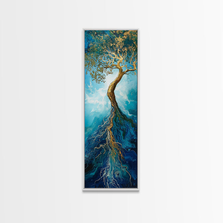 Rooted Tree, oak tree art, blue and green wall art, sacred geometry wall art, mystical art, framed canvas print, vertical wall art