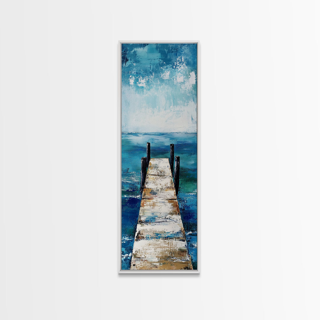 Dock on Water, Coastal Landscape Art, Nautical Wall Art, Seascape Painting, Rustic Decor, Tall Narrow Art, Canvas Print