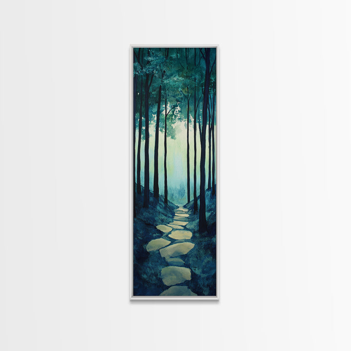 Forest Path, pine tree art, wabi sabi wall art, rustic decor, landscape painting, tall narrow art, green wall art, canvas print
