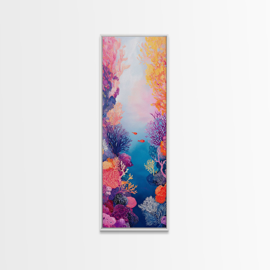 Vibrant Coral, koi fish painting, whimsical art, pink orange wall art, ocean painting, seascape painting, beach house art, canvas print