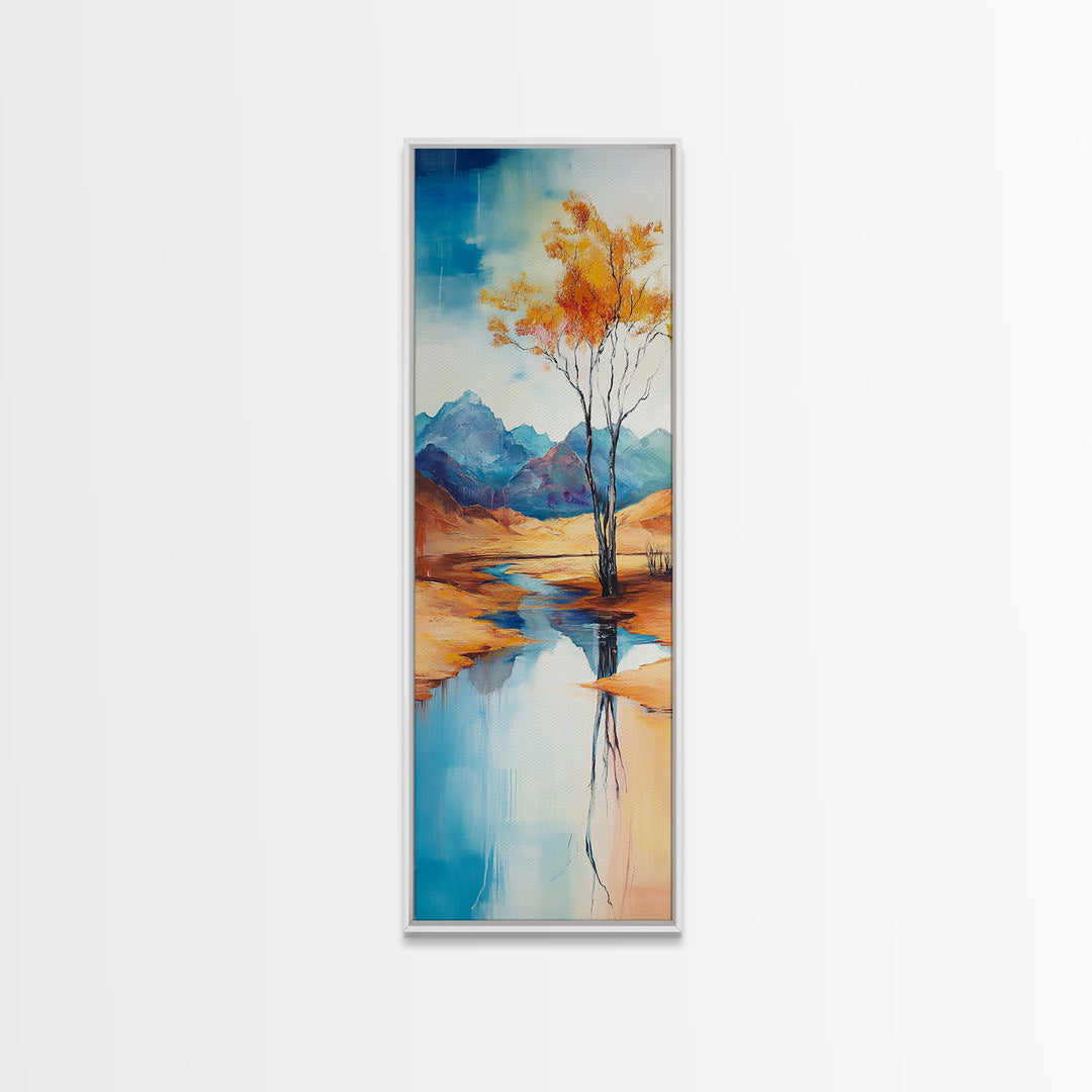 Autumn Reflections, landscape painting, birch tree art, above bed wall art, rustic wall art, framed canvas print, tall narrow art