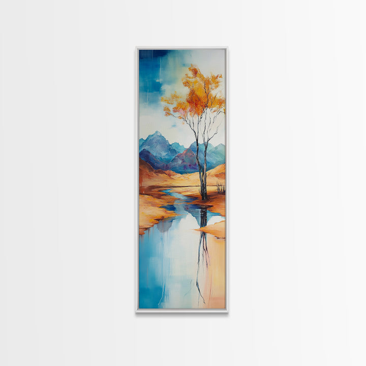 Autumn Reflections, landscape painting, birch tree art, above bed wall art, rustic wall art, framed canvas print, tall narrow art