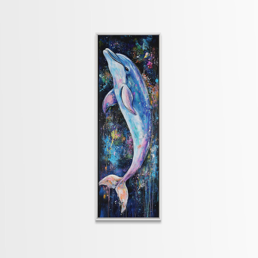Cosmic dolphin, dolphin painting, ocean wall art, nautical painting, whimsical art, blue and green wall art, framed canvas print