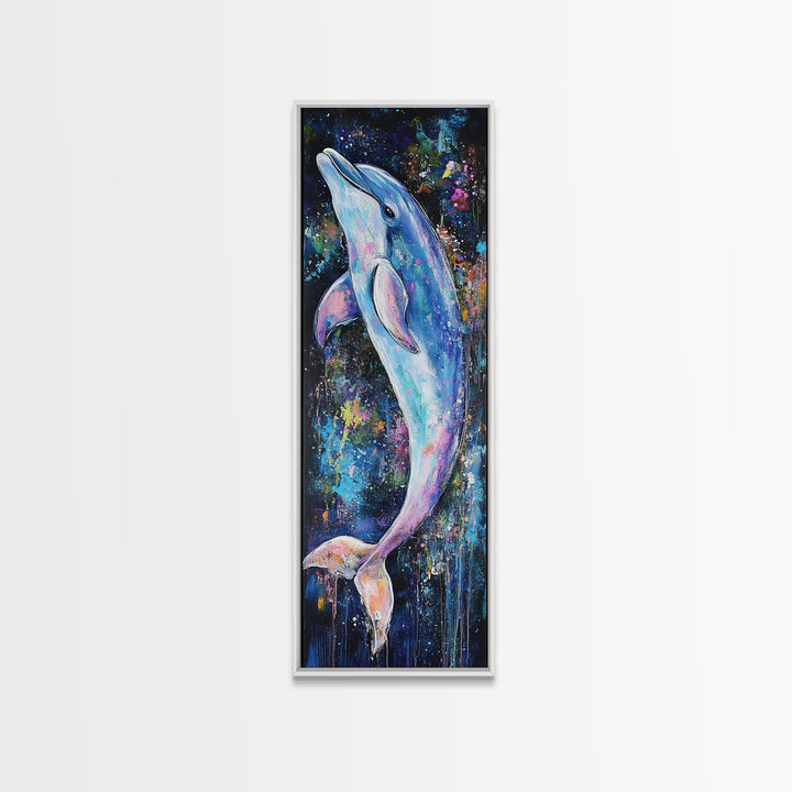 Cosmic dolphin, dolphin painting, ocean wall art, nautical painting, whimsical art, blue and green wall art, framed canvas print