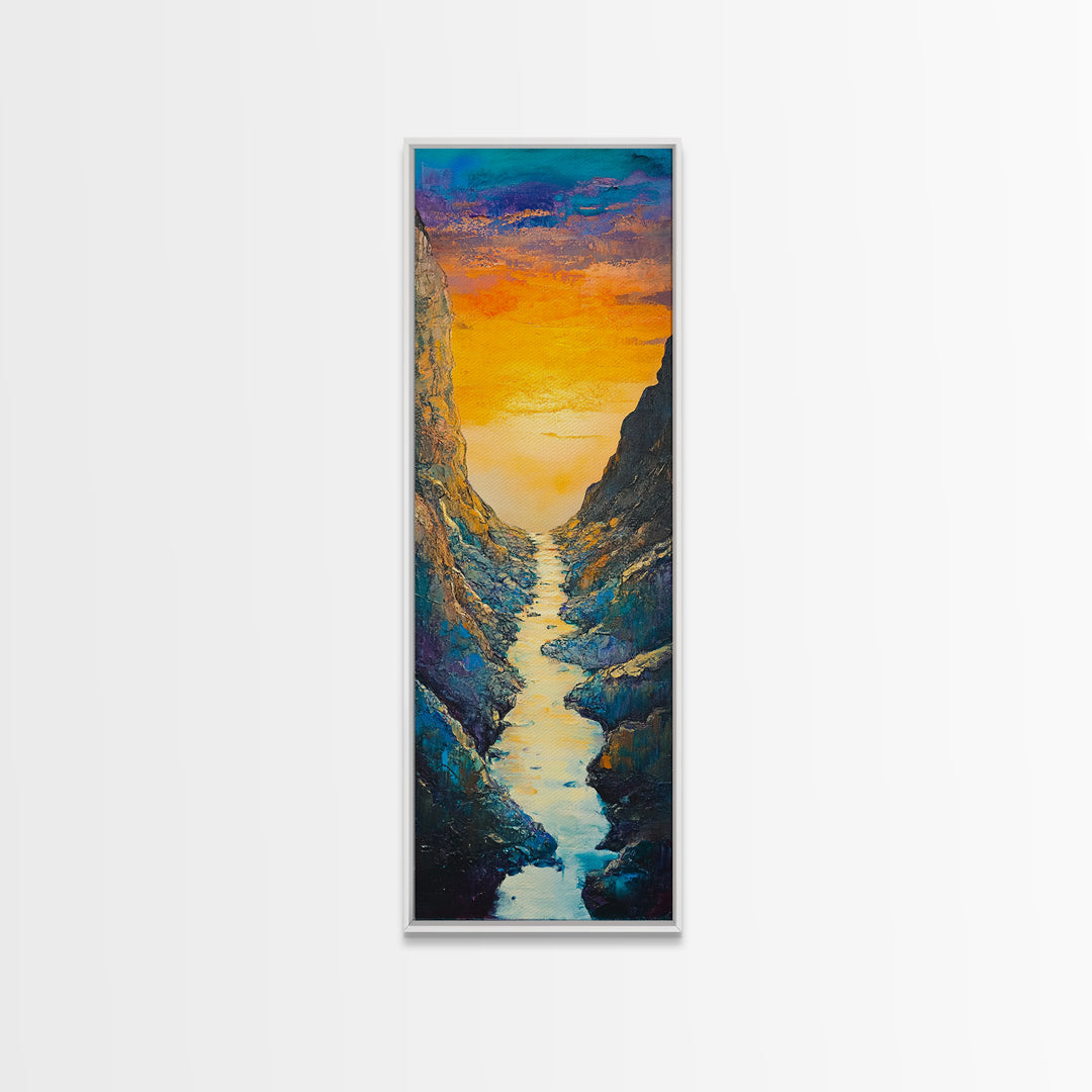 Sunset River, mountain painting, vertical wall art, nature art, framed canvas print, above sofa art, extra wide art, rustic decor
