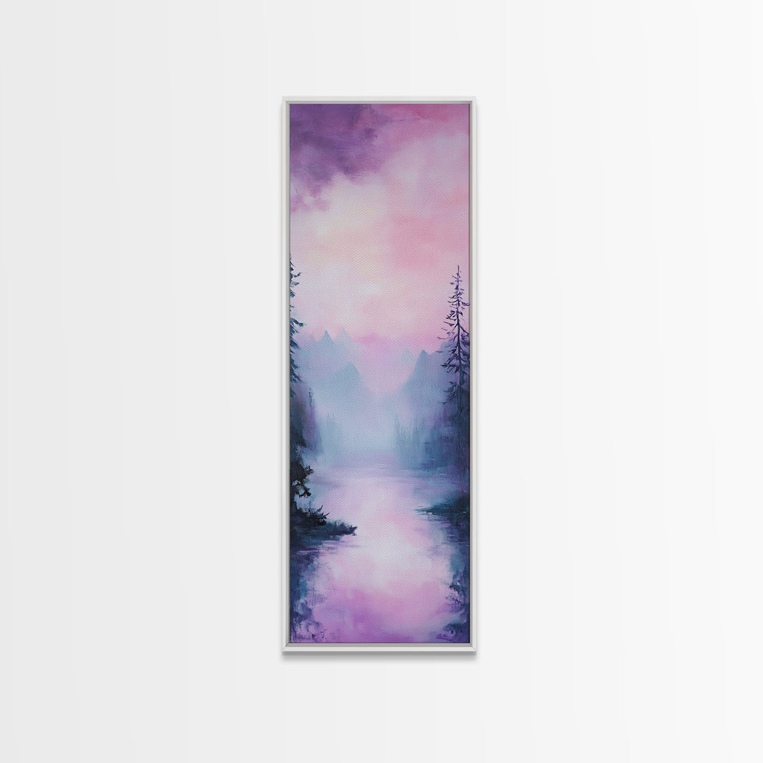 Misty Mountains, smoky mountain art, light pink wall art, framed canvas print, soft pastel art, pine tree art, above couch art