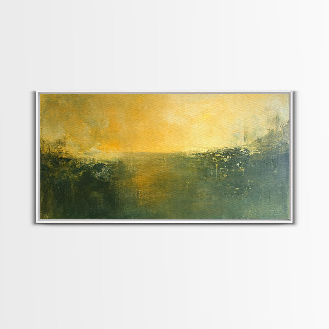 Abstract Landscape, Moody Art, Horizon Painting, Green Wall Art, Extra Wide Art, Panoramic Art, Framed Canvas Print, Living Room Art