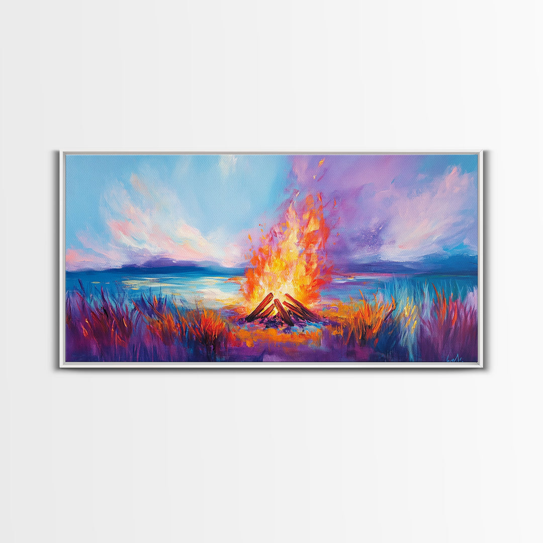 Bonfire at Sunset, Coastal Wall Art, Pink Orange Wall Art, Extra Wide Art, Horizontal Wall Art, Framed Canvas Print, Moody Art