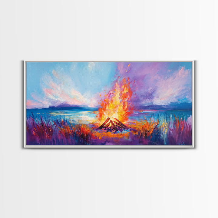 Bonfire at Sunset, Coastal Wall Art, Pink Orange Wall Art, Extra Wide Art, Horizontal Wall Art, Framed Canvas Print, Moody Art