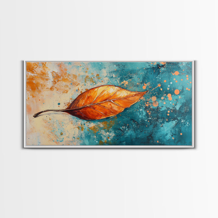 Autumn Leaf, fall painting, teal wall art, botanical prints, moody art, textured painting, gift idea for her, Canvas Print