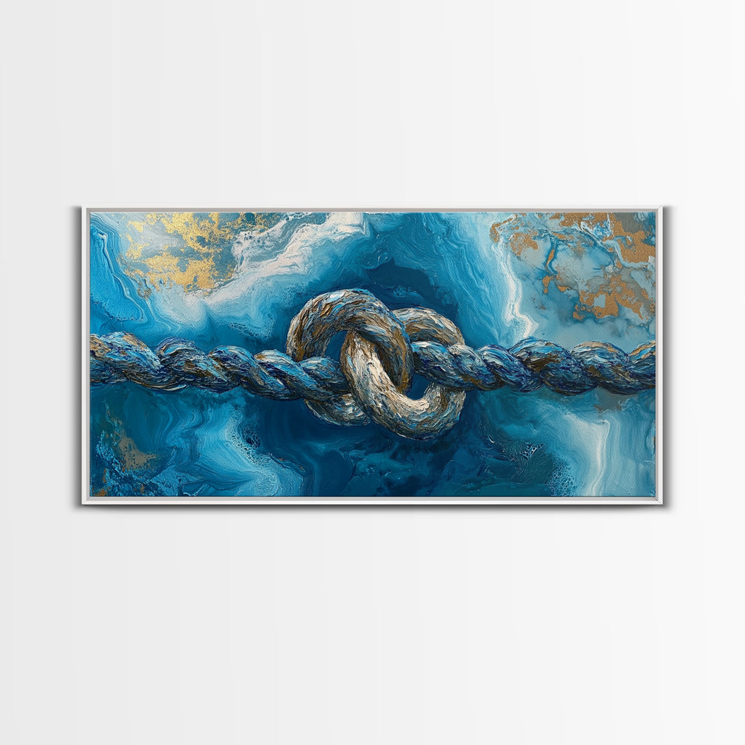Ocean Rope, nautical decor, blue and gold wall art, coastal painting, seascape painting, horizontal wall art, Framed Canvas Print