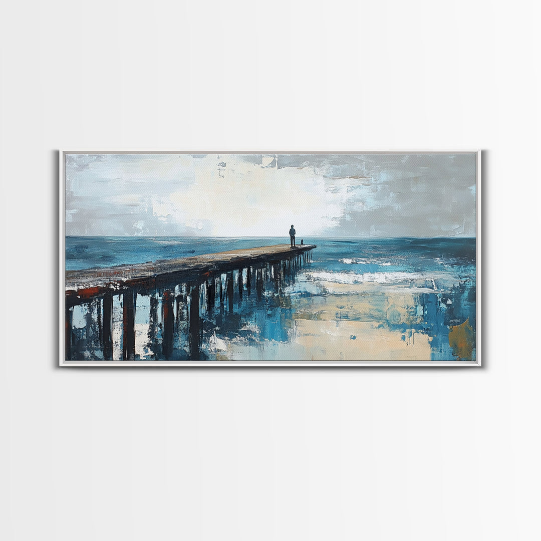 Pier at Dusk, moody art, coastal wall art, ocean painting, nautical painting, wabi sabi art, panoramic art, Canvas Print, seascape