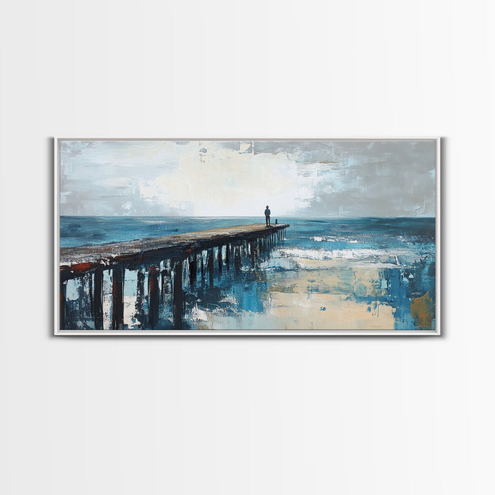 Pier at Dusk, moody art, coastal wall art, ocean painting, nautical painting, wabi sabi art, panoramic art, Canvas Print, seascape