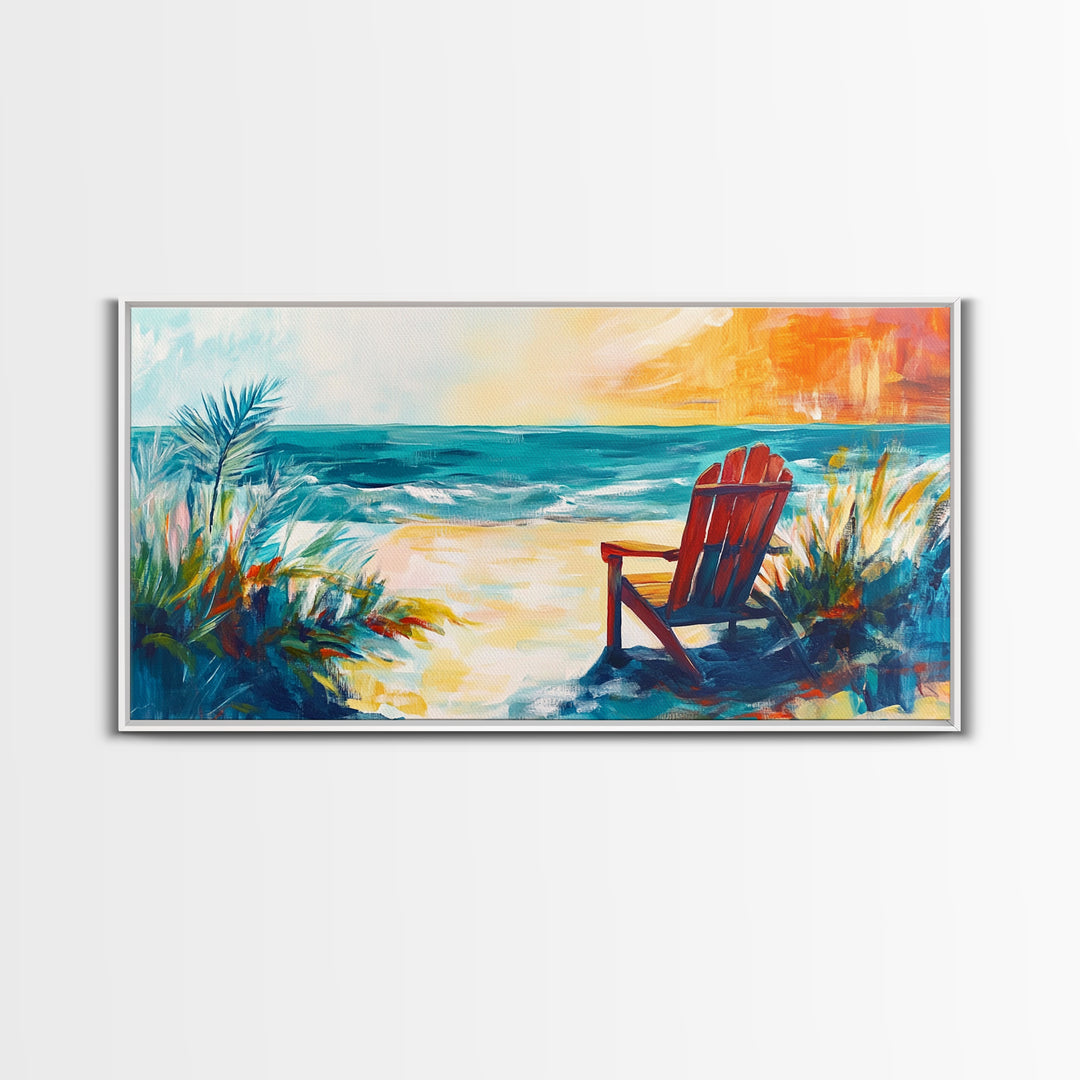 Beach Chair, Coastal Painting, Nautical Wall Art, Ocean Painting, Seascape Painting, Framed Canvas Print, Extra Wide Art, Coastal Decor