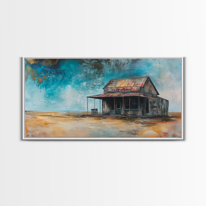 Abandoned Cabin Art, Rustic Wall Art, Moody Art, Western Landscape Painting, Framed Canvas Print, Extra Wide Art, Living Room Art