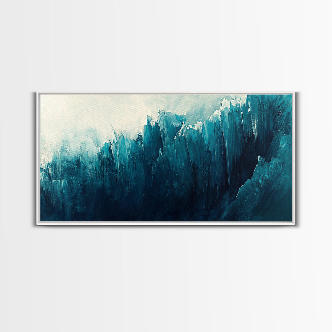 Abstract Ocean Painting, Teal Wall Art, Coastal Wall Art, Extra Wide Art, Framed Canvas Print, Nautical Decor, Wabi Sabi Art