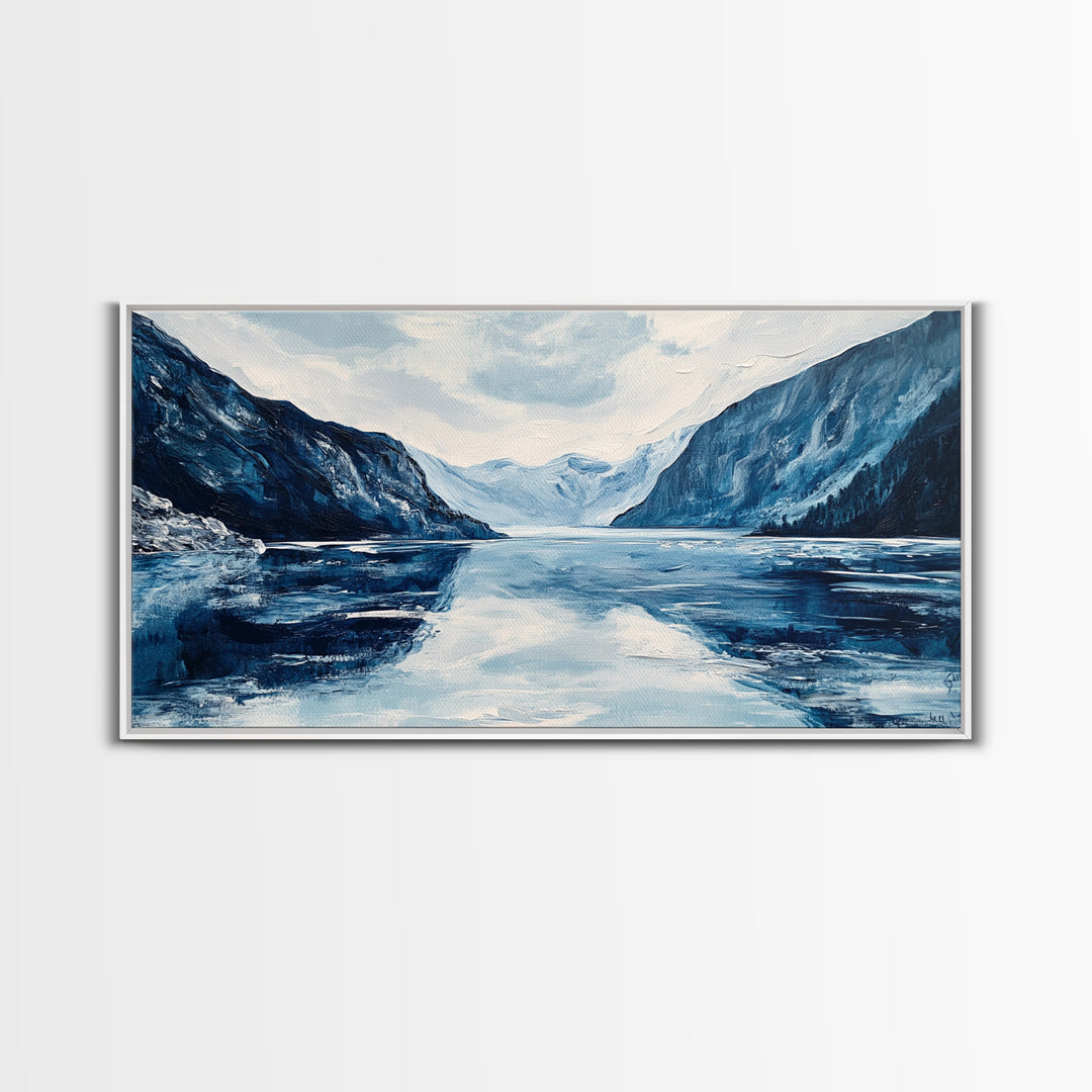 Blue and White Fjord, Lake Tahoe Art, Coastal Landscape Art, Extra Wide Art, Framed Canvas Print, Minimalist Art, Nautical Decor