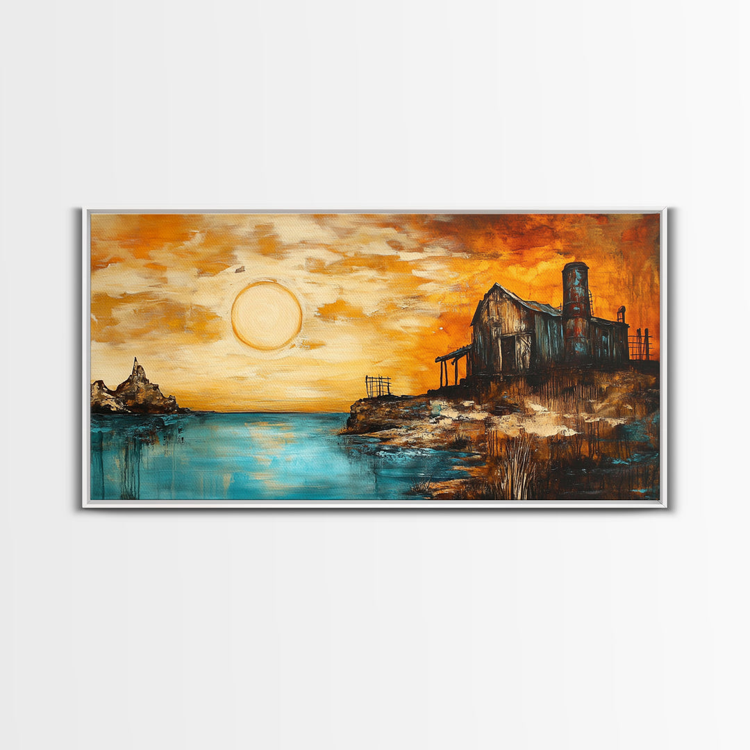 Rustic Barn, sunset painting, farmhouse art, rustic wall art, panoramic painting, framed canvas print, southwest wall art