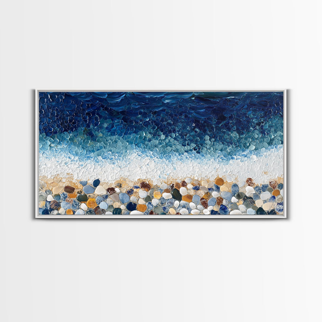 Pebble Beach, mosaic wall art, coastal decor, ocean painting, nautical decor, panoramic painting, framed canvas print