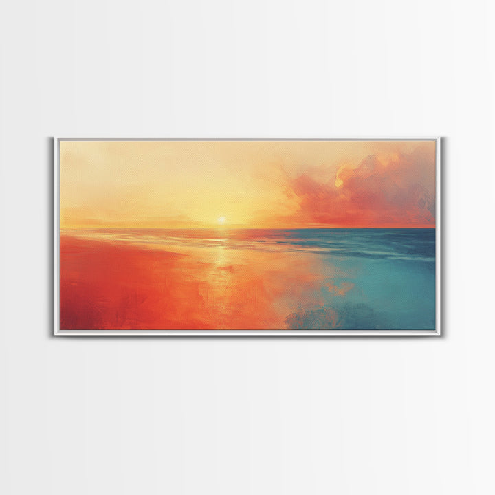 Sunset Ocean, pink orange wall art, coastal landscape art, moody art, extra wide art, panoramic painting, framed canvas print