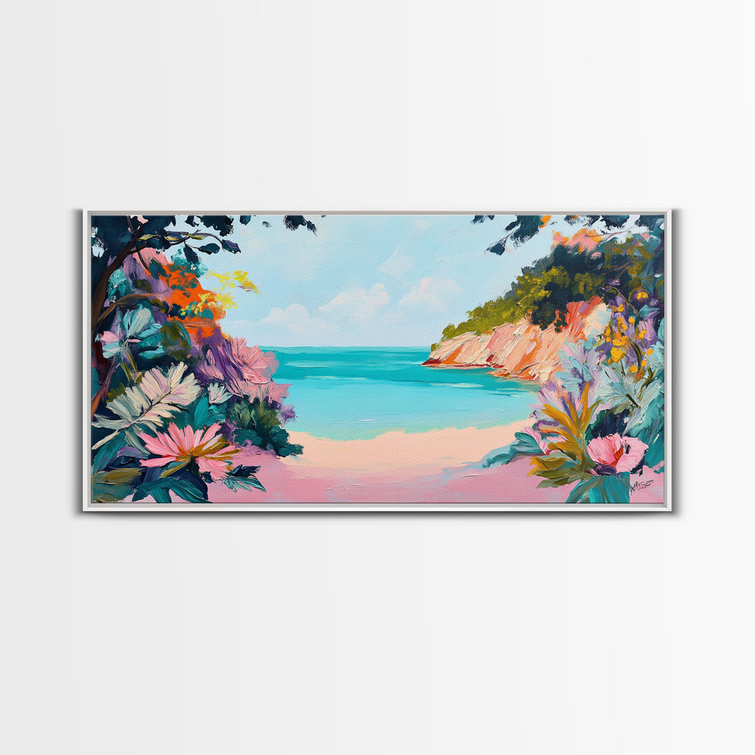Tropical Beach, coastal wall art, Hawaii art, pink orange wall art, extra wide art, panoramic painting, framed canvas print