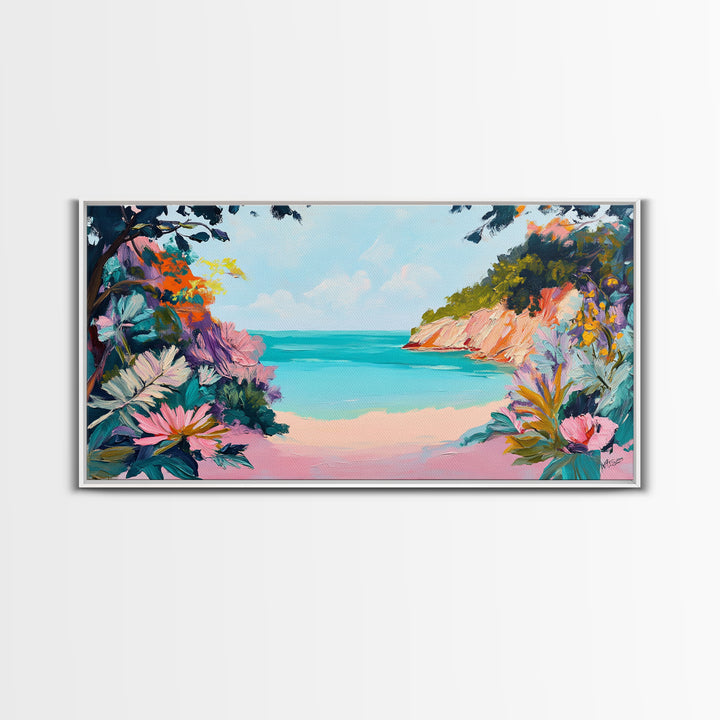 Tropical Beach, coastal wall art, Hawaii art, pink orange wall art, extra wide art, panoramic painting, framed canvas print
